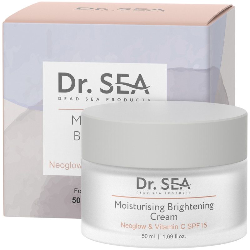 Crèmepot en verpakking. Opschrift: Dr. SEA, Moisturising Brightening Cream, SPF15. 50 ml.