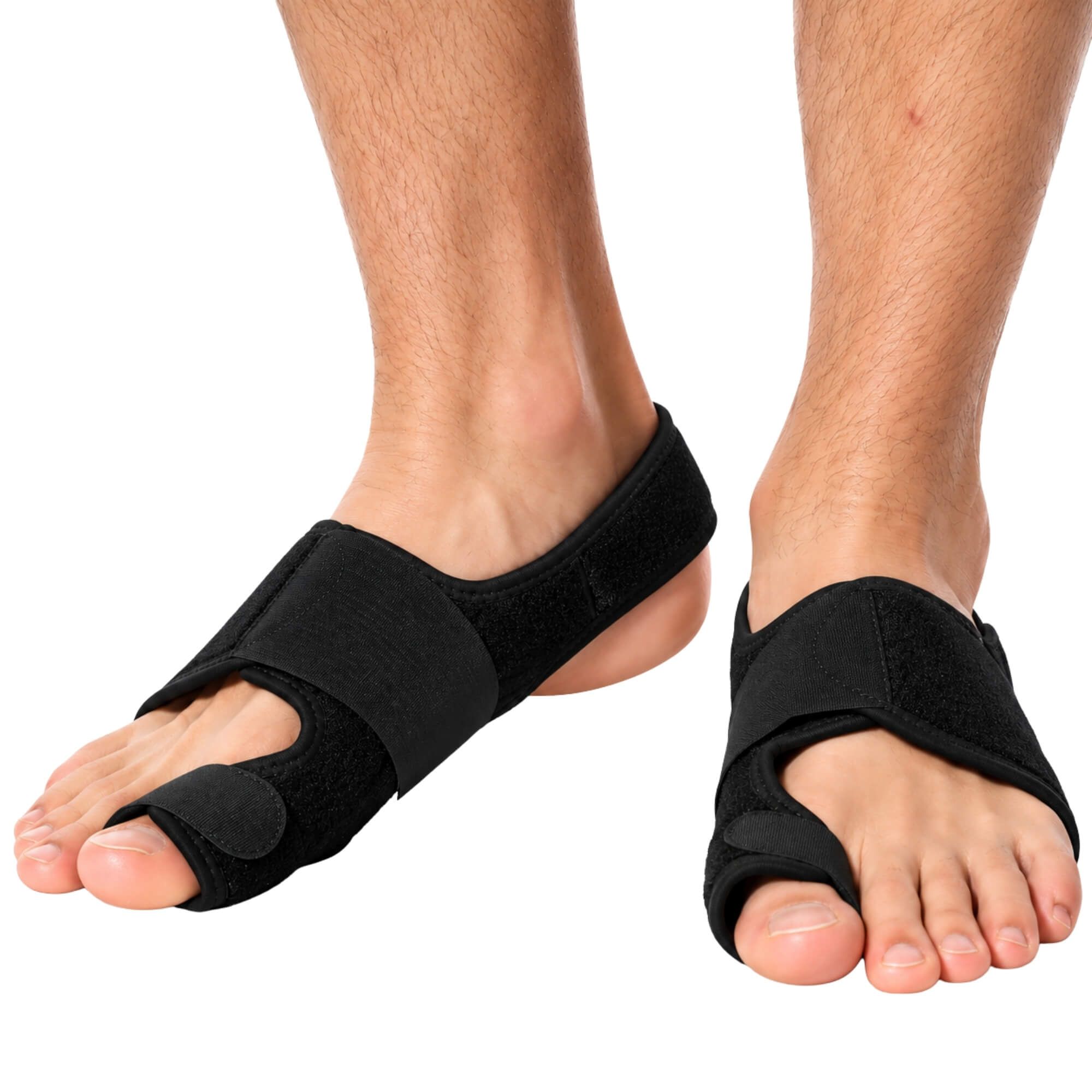 Correcteur d'oignon noir avec fermeture velcro pour les deux pieds, séparant le gros orteil des autres.