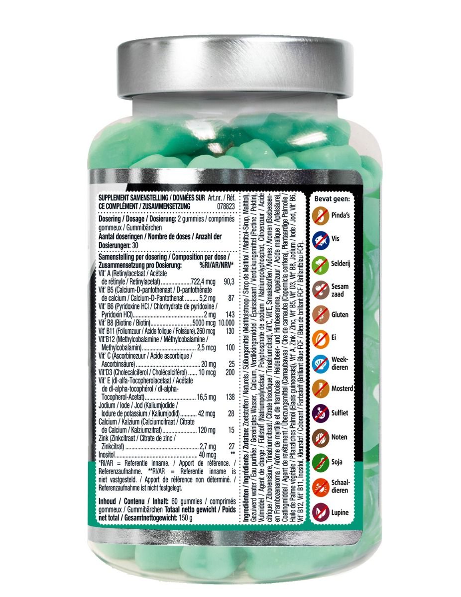 Dos du flacon de vitamines. Contient des informations sur les ingrédients et les valeurs nutritionnelles. Texte multilingue.