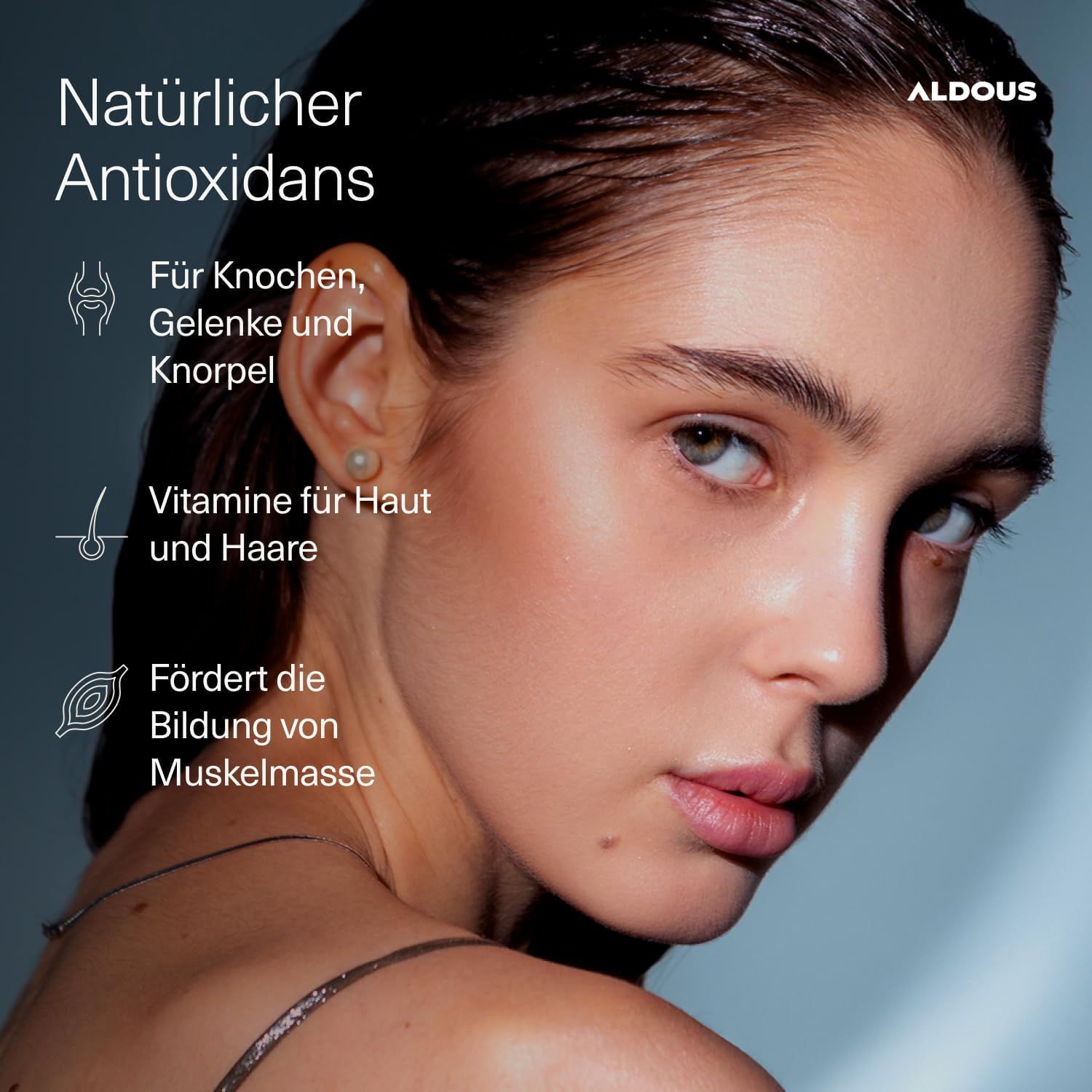 Portrait d'une femme avec texte sur les antioxydants naturels pour les os, articulations, peau et cheveux.
