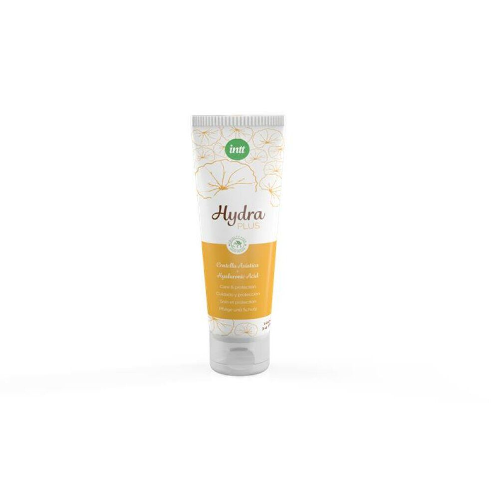 Tube met Hydra Plus glijmiddel, wit-geel met bloemenpatroon. Bevat Centella Asiatica en Hyaluronzuur.