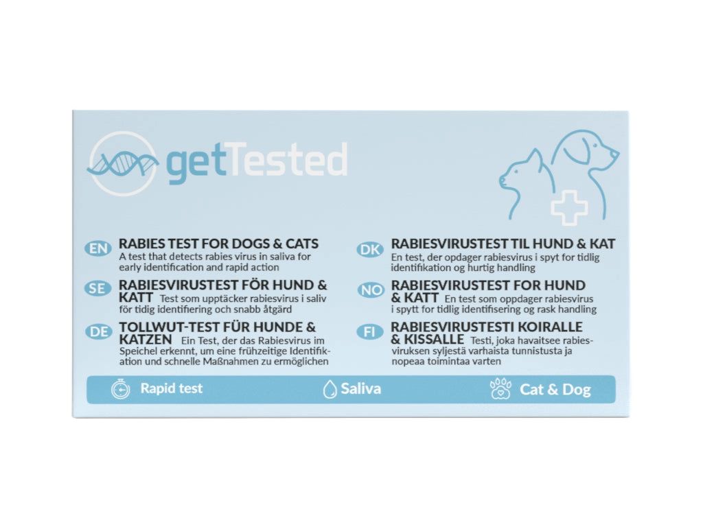 Test GetTested rage pour chiens et chats. Test rapide pour la détection de la rage dans les échantillons de salive.