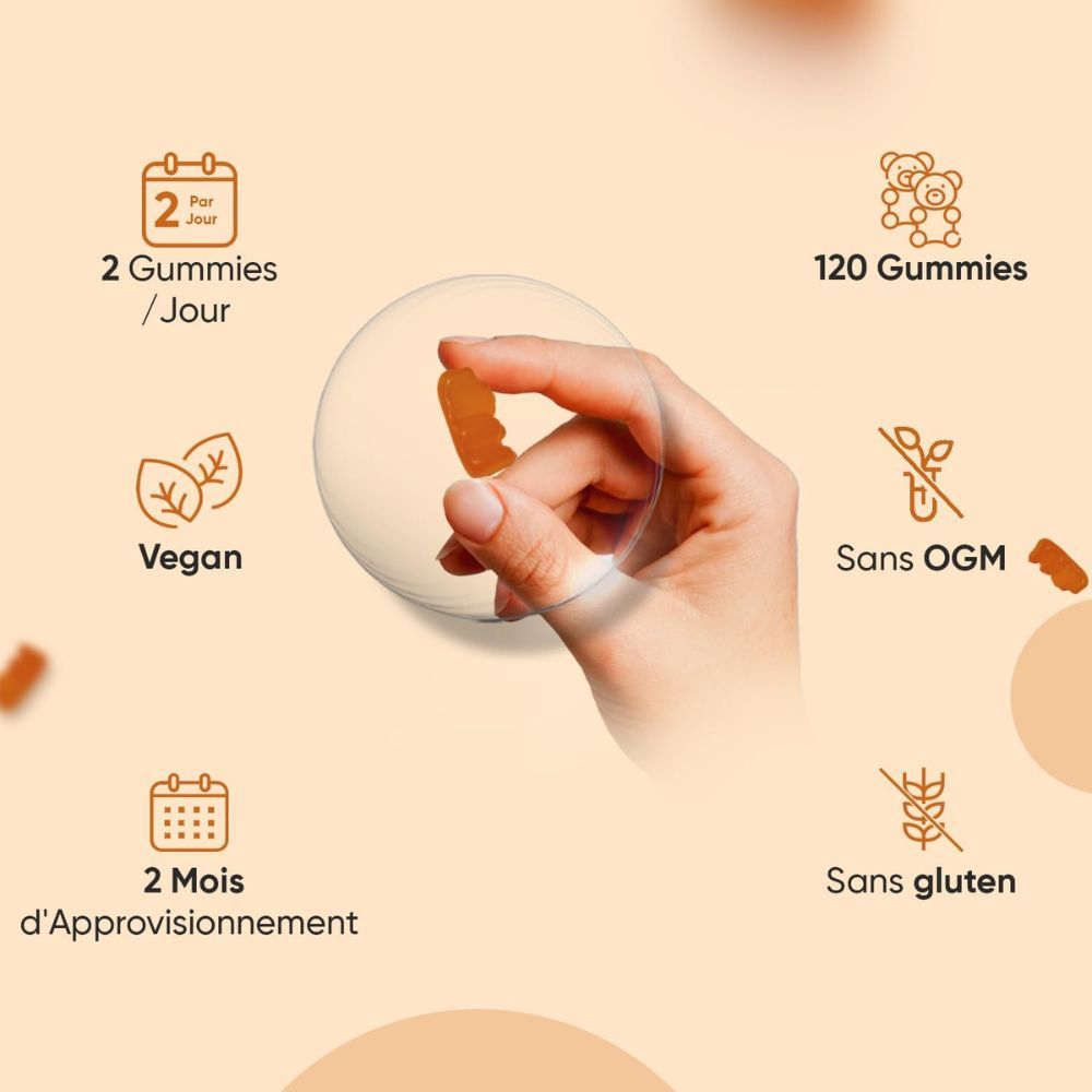 Main tenant une gomme. Texte : 2 gommes par jour, végétalien, 2 mois d'approvisionnement, sans gluten.