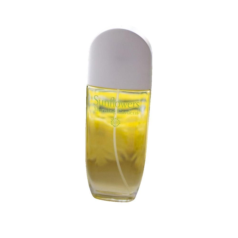 Flacon en verre avec liquide jaune. Inscription: Sunflowers, Elizabeth Arden. Bouchon blanc.