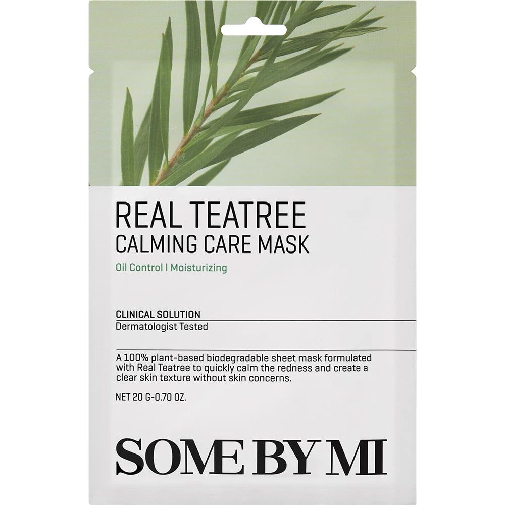 Emballage de masque facial. Texte : REAL TEA TREE CALMING CARE MASK. Marque SOME BY MI.
