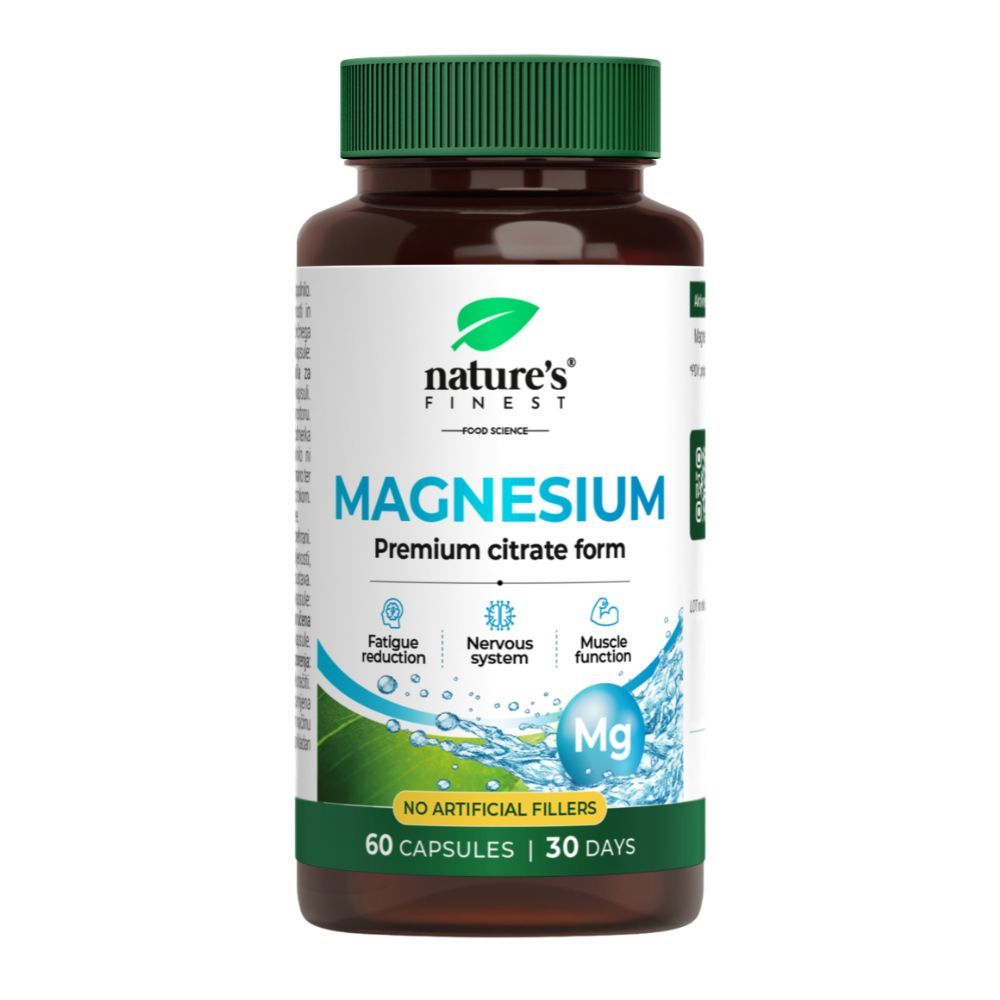 Bouteille Nature's Finest Magnesiumcitrate, 60 gélules, forme citrate premium, sans charges artificielles.
