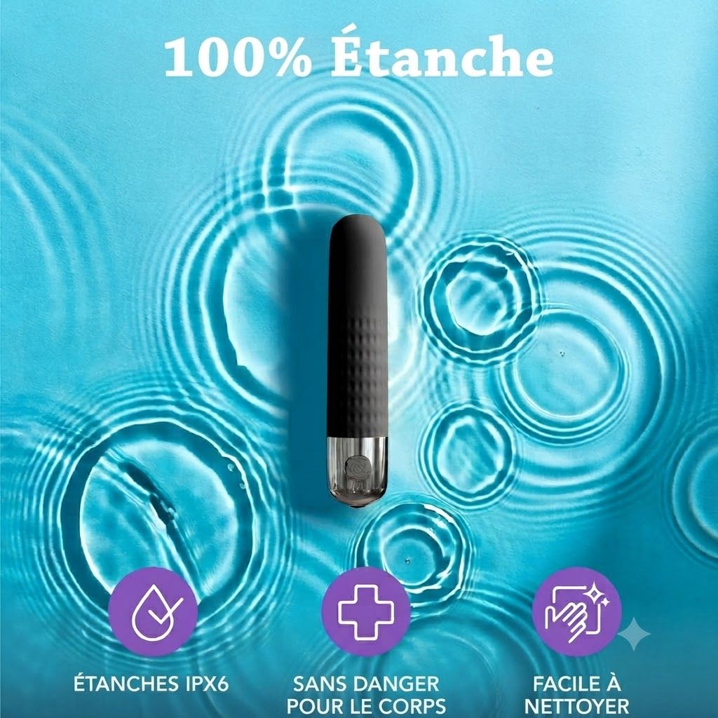 Vibrateur noir à surface côtelée et base transparente, entouré d'ondulations d'eau.