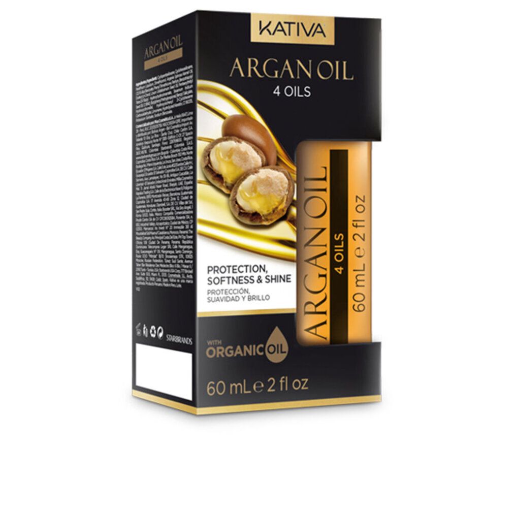 Kativa Argan Oil 4 Oils Intense Hair Oil. Emballage avec flacon. Emballage noir avec informations produit. Flacon contenant un liquide jaune.