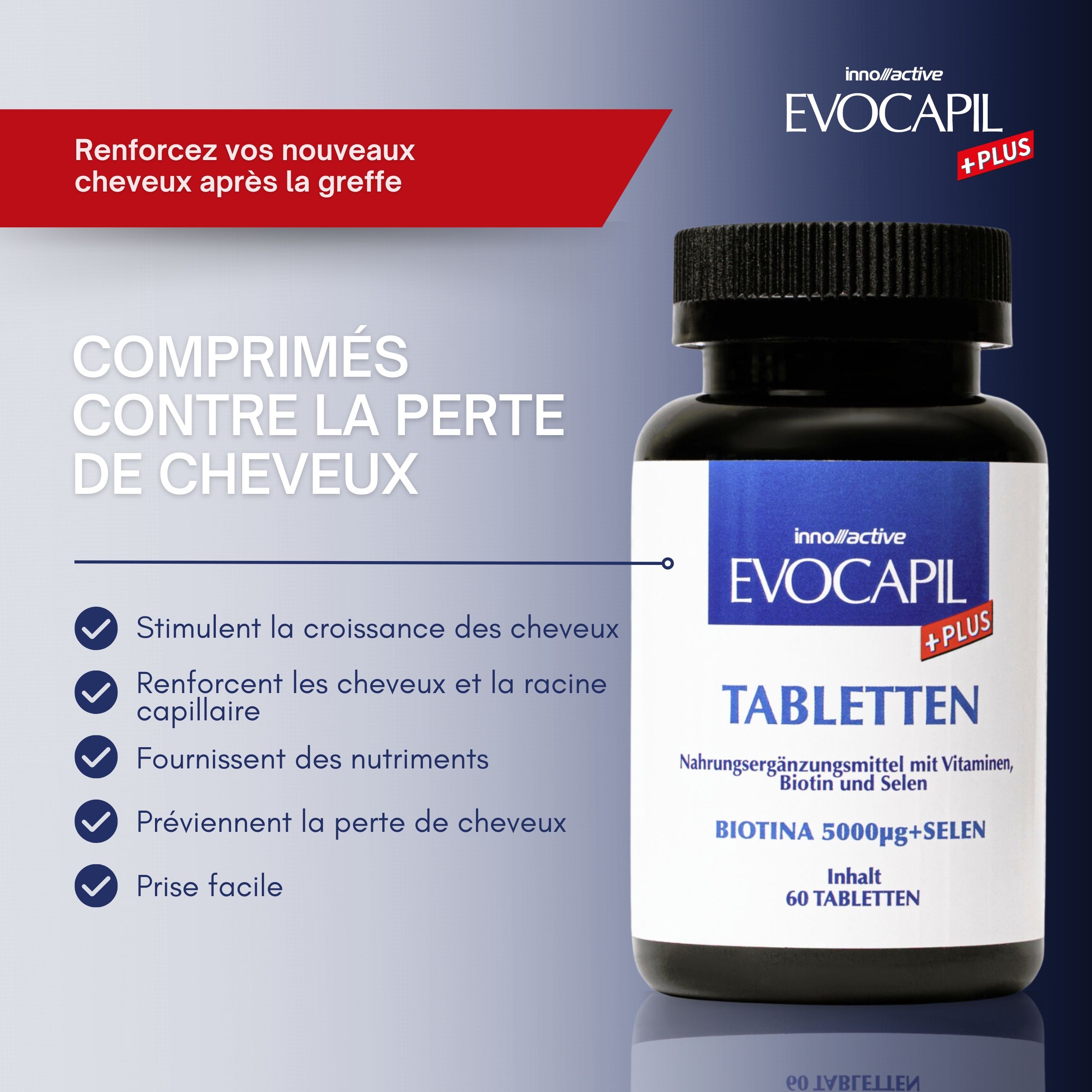 Flacon de comprimés Evocapil Plus. Flacon noir, étiquette blanche. Inscription : Comprimés contre la chute des cheveux, Biotine, Sélénium.