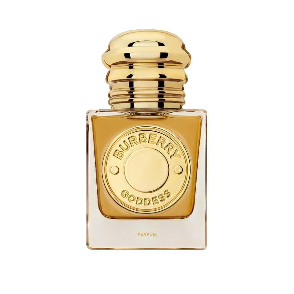 Parfumfles met gouden dop en logo. Vierkante vorm, gouden tekst. Transparante glazen fles met gouden vloeistof.