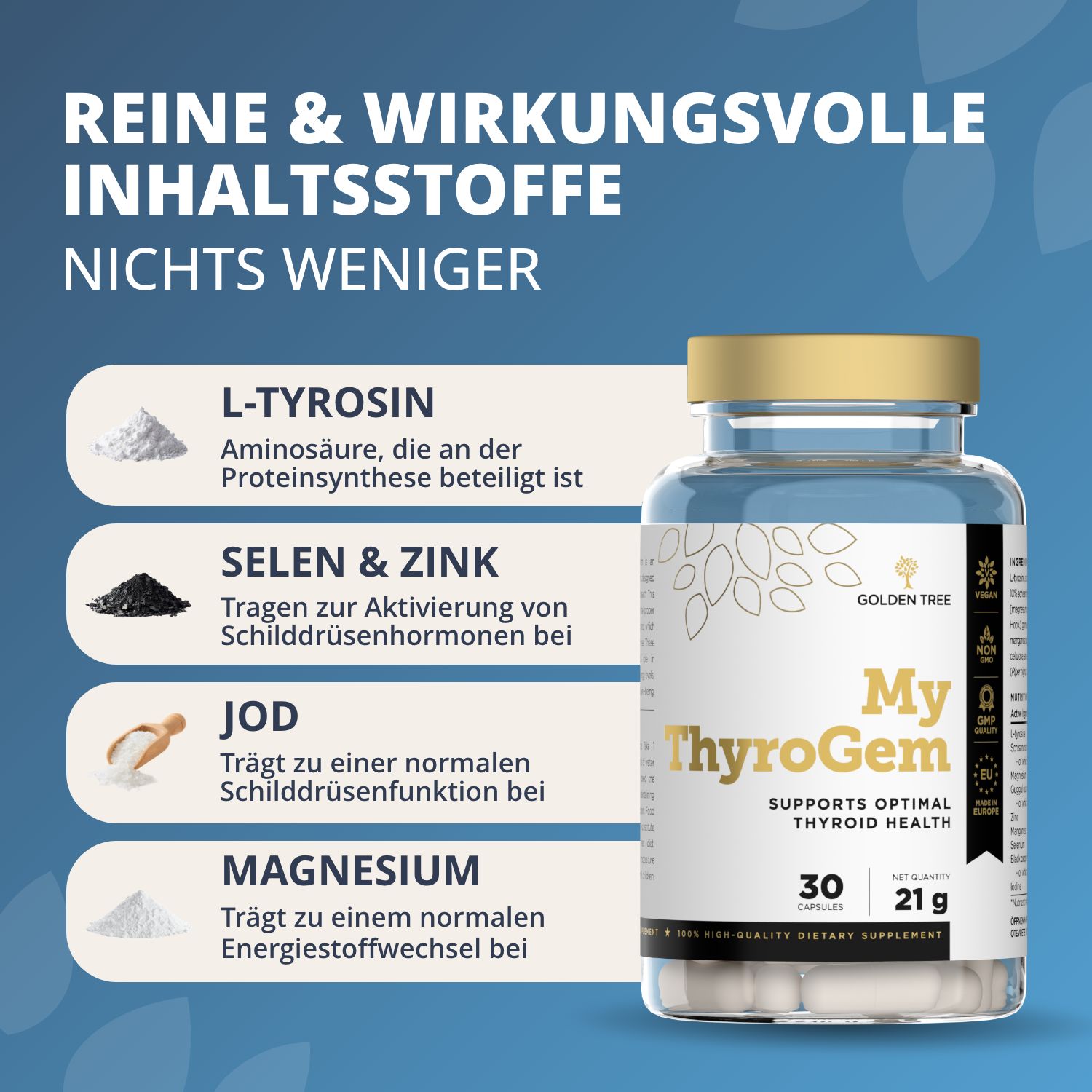 Flacon de 30 gélules Golden Tree My ThyroGem, 21g. À gauche : L-Tyrosine, Sélénium & Zinc, Iode, Magnésium.