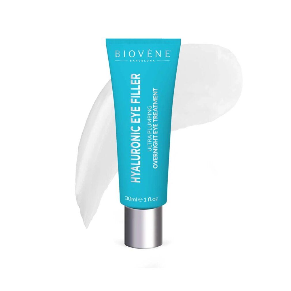 Biovene Hyaluronic Eye Filler tube met wit productmonster. Ultra-Plumping Overnight Eye Treatment.