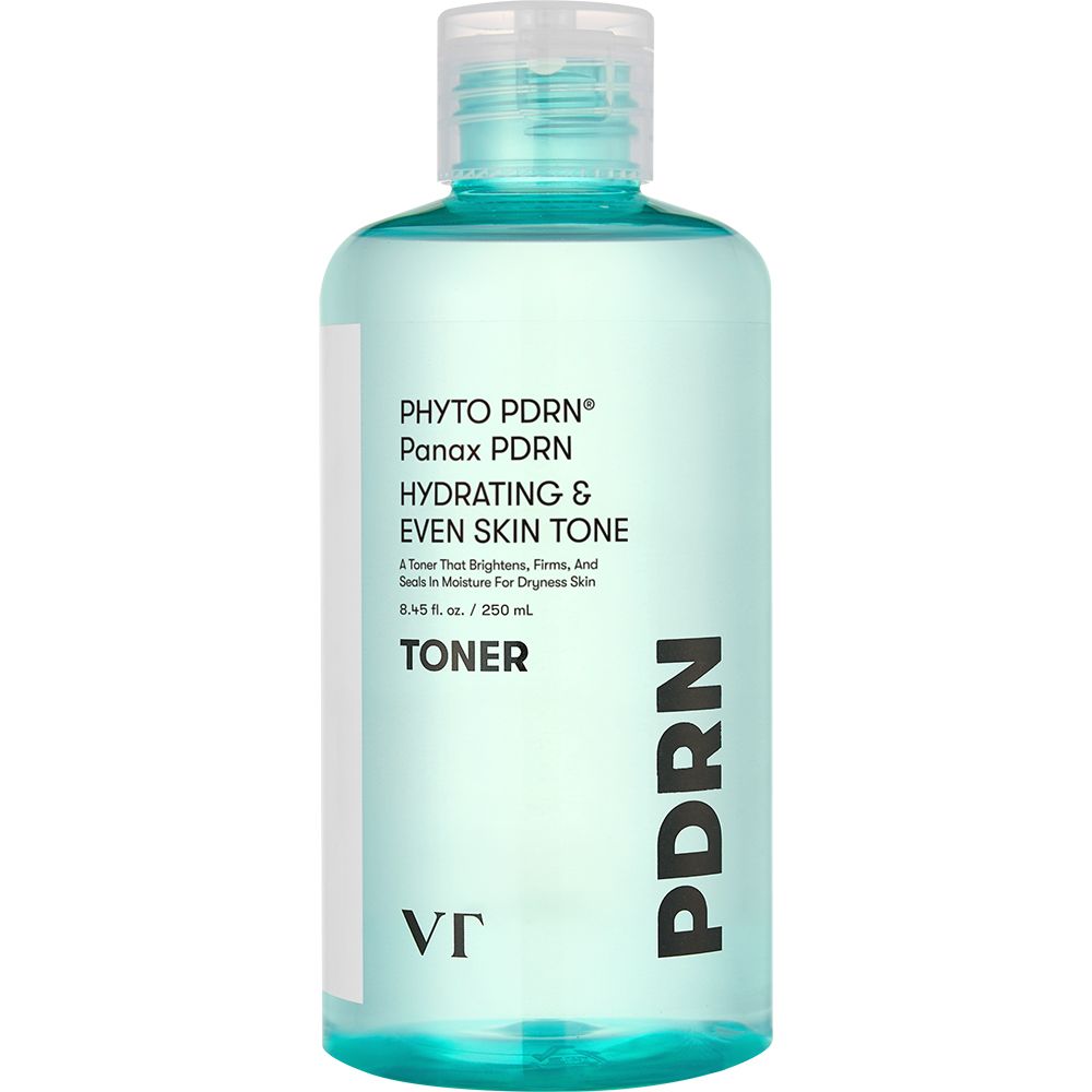 Bouteille verte de toner VT COSMETICS PHYTO PDRN. Texte : Hydratant & uniformisant le teint.