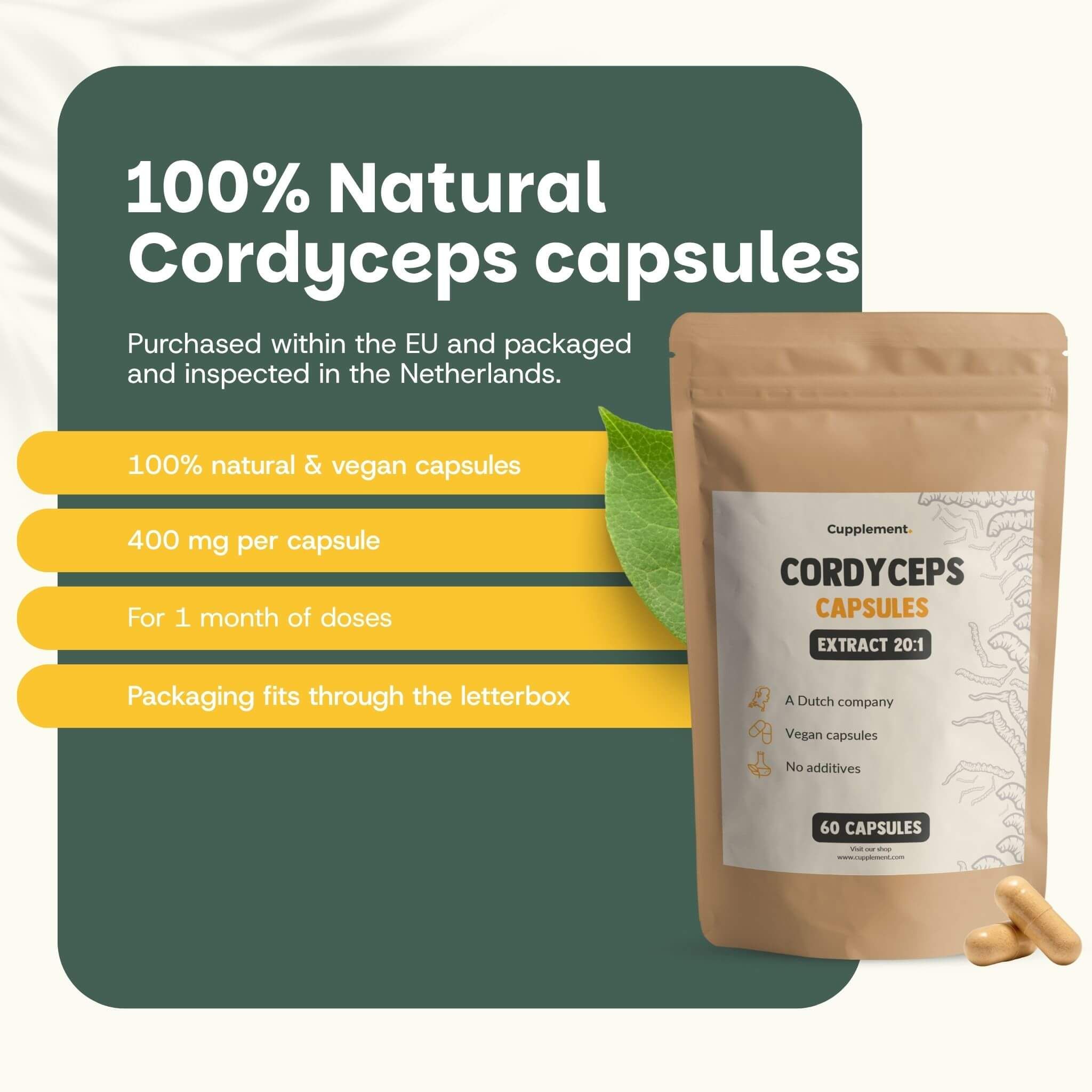 Sachet de gélules de Cordyceps. Texte : 100% Natural Cordyceps capsules. 400 mg par gélule. Pour 1 mois de doses. 60 gélules.