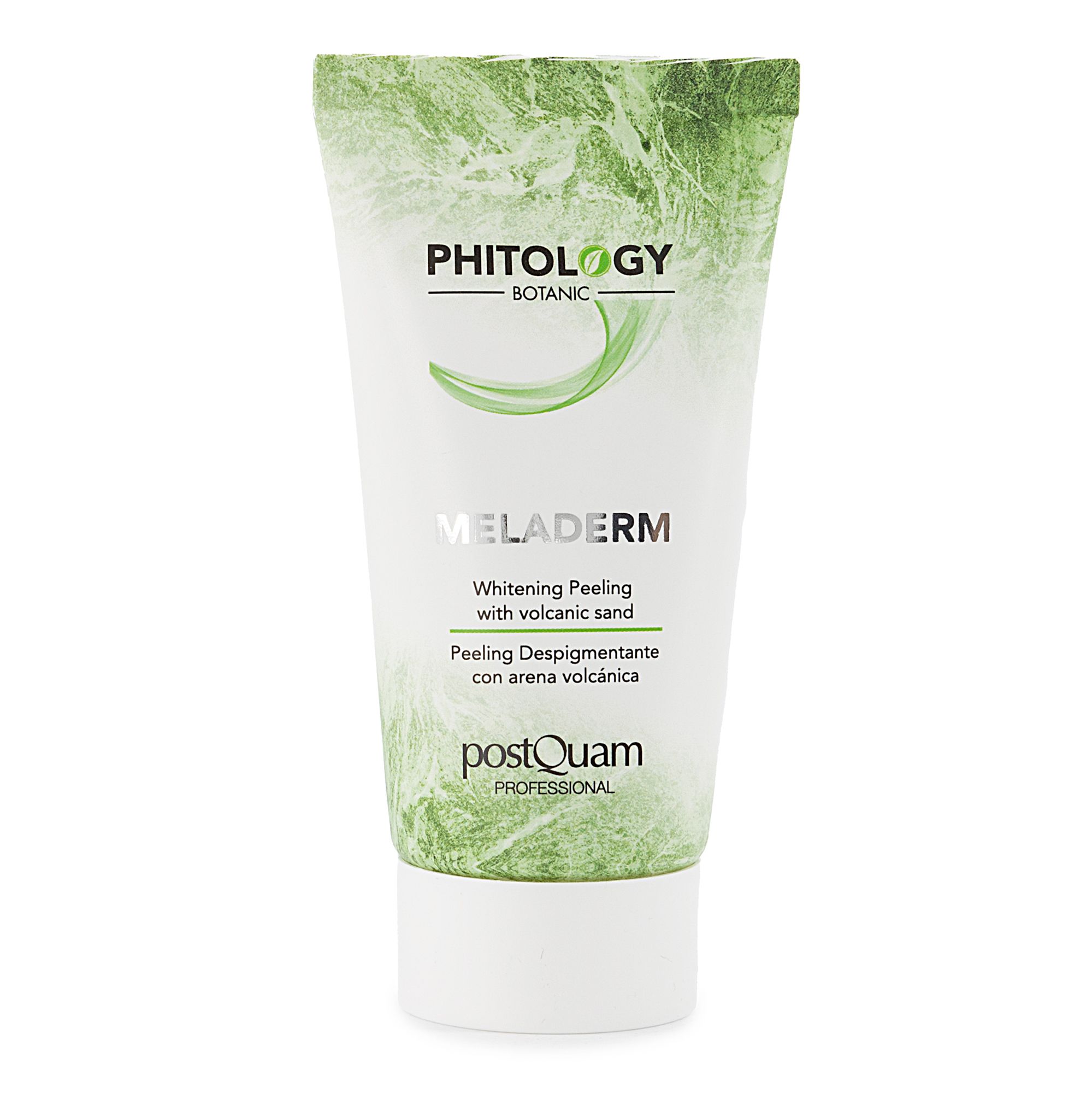 Witte tube met groene opdruk. Tekst: PHITOLOGY BOTANIC, MELADERM, Whitening Peeling with volcanic sand, postQuam PROFESSIONAL.