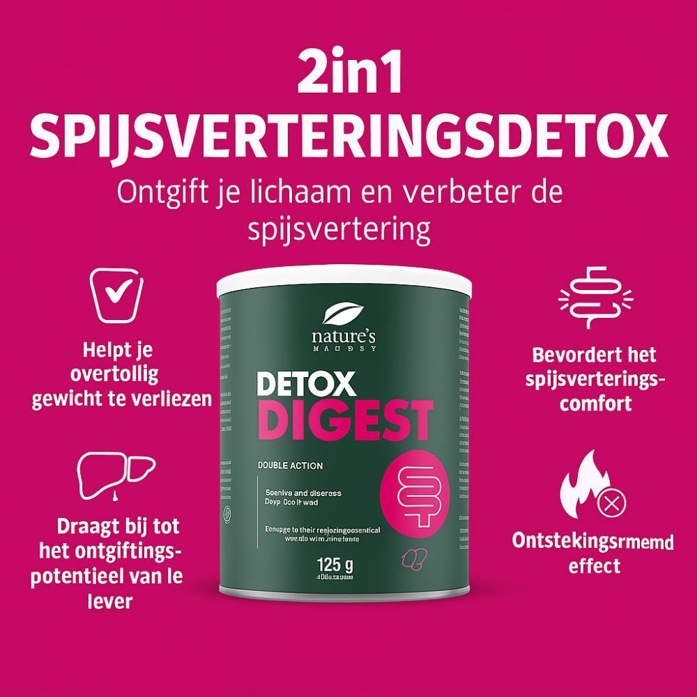 Pot Nature's Finest Detox Digest. Tekst: 2in1 Spijsverteringsdetox, helpt gewicht te verliezen, bevordert spijsverteringscomfort, ontstekingsremmend effect.