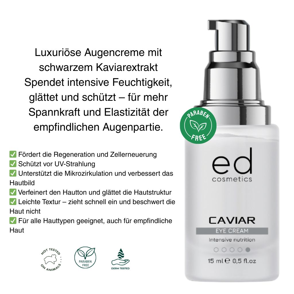 Flacon de crème pour les yeux avec pompe argentée. Texte: ED cosmetics, Caviar Eye Cream, 15 ml. Logos verts.