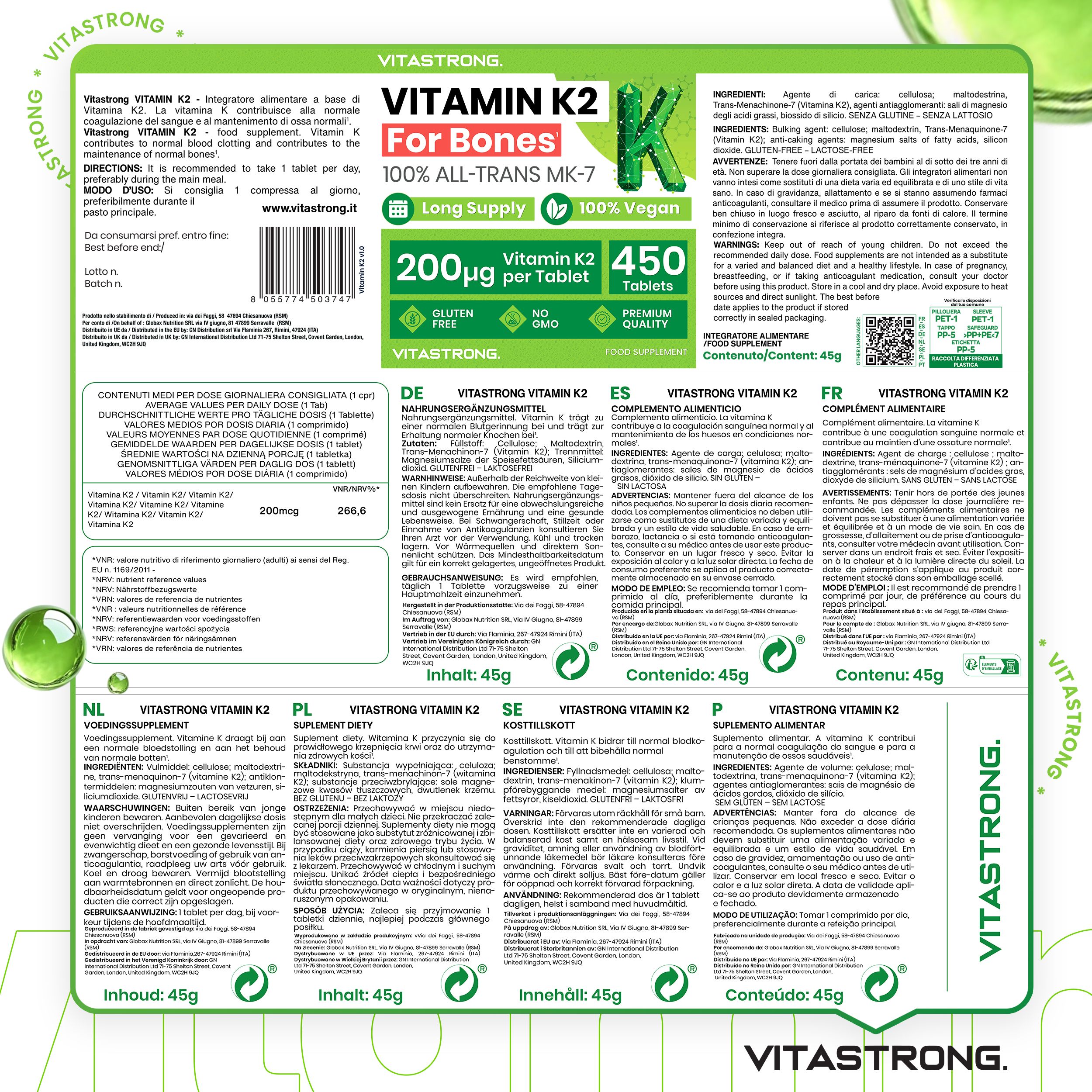 Dos de l'emballage de Vitamine K2. Ingrédients, informations nutritionnelles, instructions en plusieurs langues.