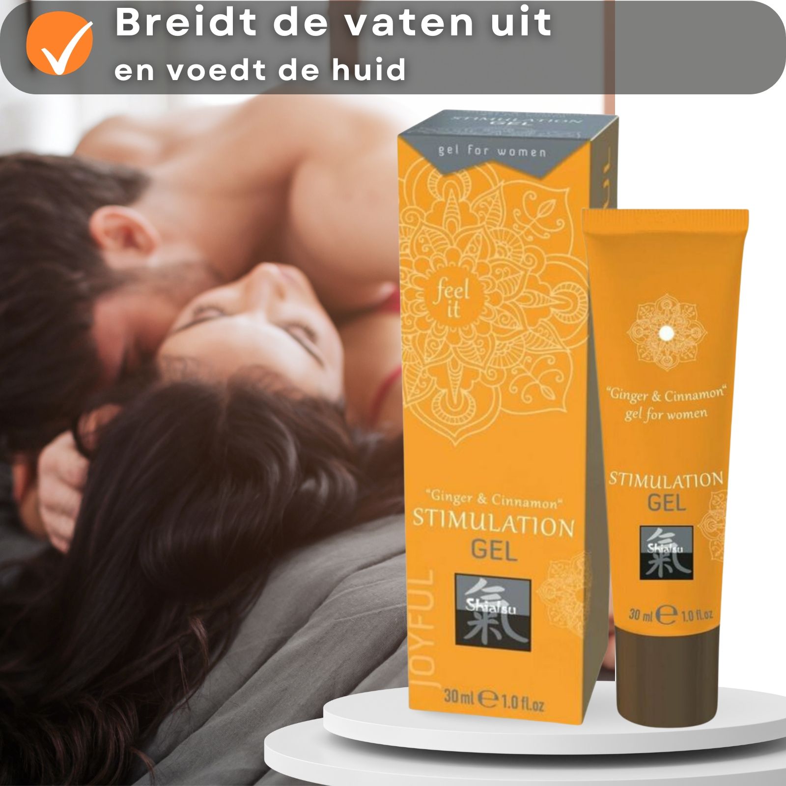 Productverpakking met tekst. Oranje doos en tube. Bevat 30ml. Merk: Shiatsu.