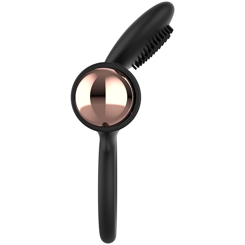 Pommeau de douche noir avec accent doré rose et embout brosse.