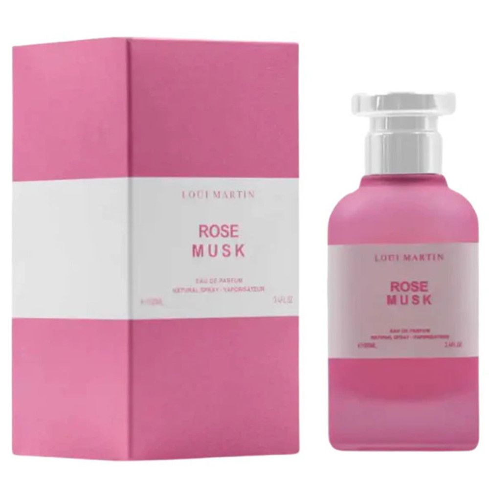 Boîte et flacon roses. Flacon avec "Rose Musk" et "Loui Martin". Boîte rayée.