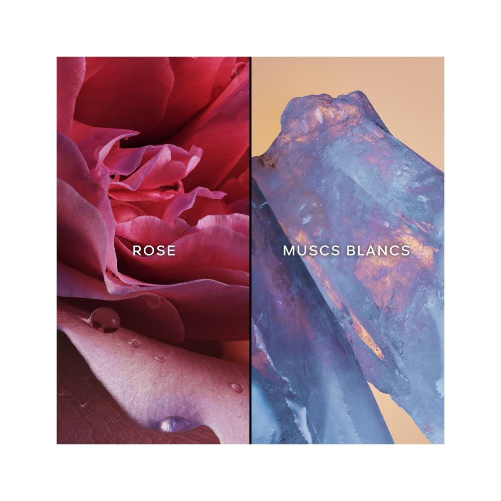 Twee helften van een afbeelding: Roos en witte muskus. Roos met waterdruppels. Kristallen met blauwachtige tinten.