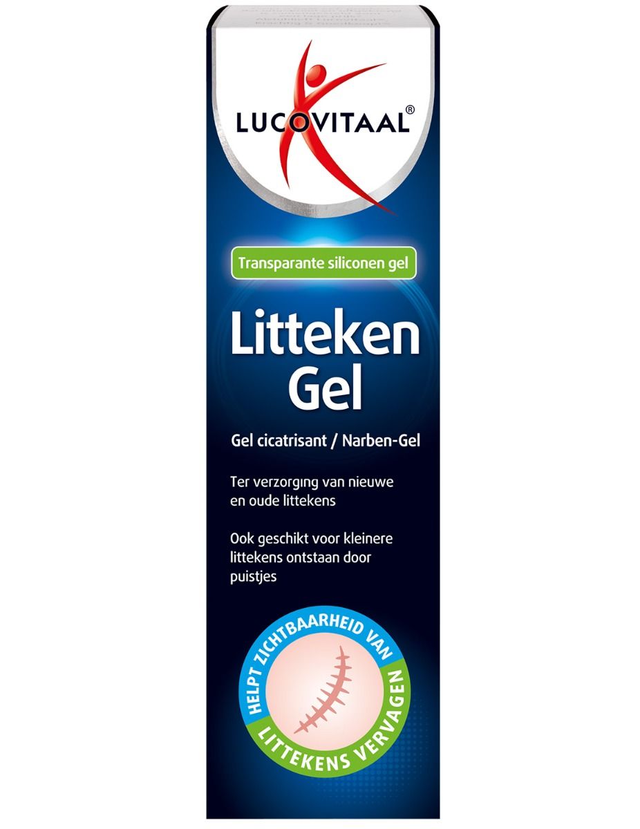 Emballage Litteken Gel. Inscription: Lucovitaal, Litteken Gel, Gel cicatrisant/Narben-Gel. Avec illustration d'une cicatrice. Emballage bleu.