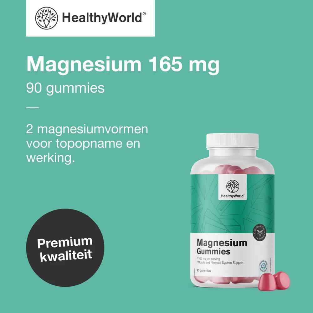 Fles Magnesium Gummies. Tekst: Magnesium 165 mg, 90 gummies, 2 magnesiumvormen voor topopname. Premium kwaliteit.