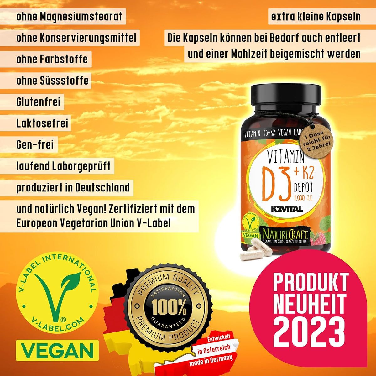 Texte : Sans additifs, sans gluten, sans lactose, végan. Nouveauté produit 2023. Flacon avec gélules. Certifié V-Label de l'Union Végétarienne Européenne.
