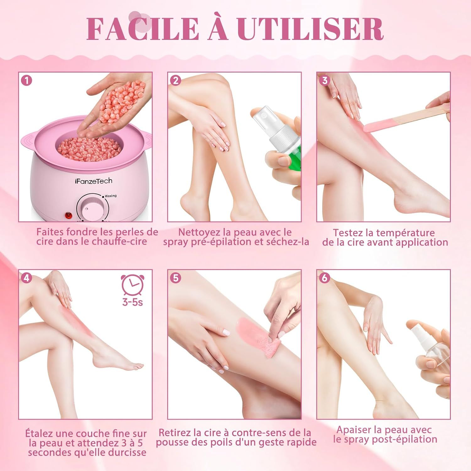 Un chauffe-cire rose avec des perles de cire et des commandes.