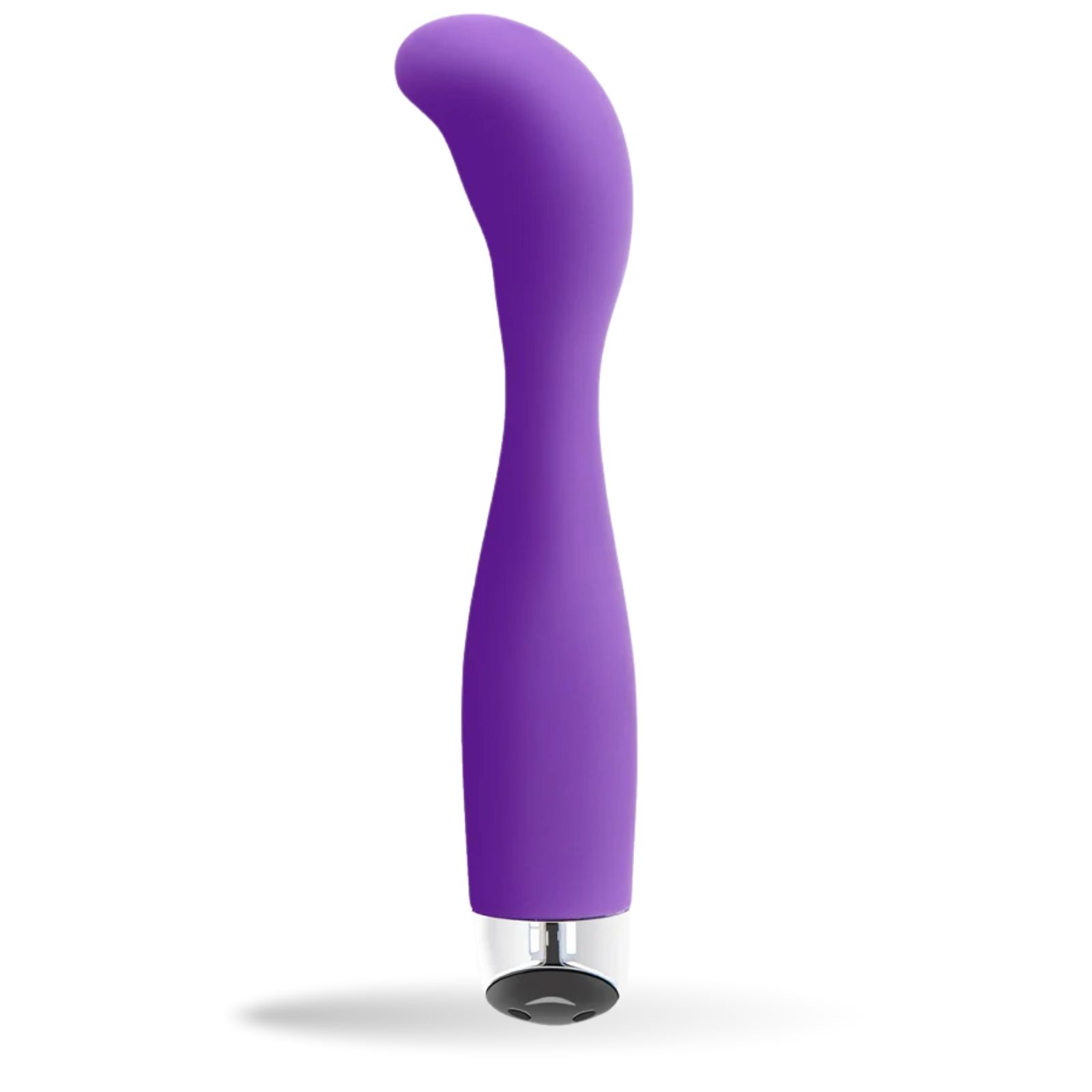 Paarse vibrator. Siliconen, gebogen vorm. Zilverkleurige basis.