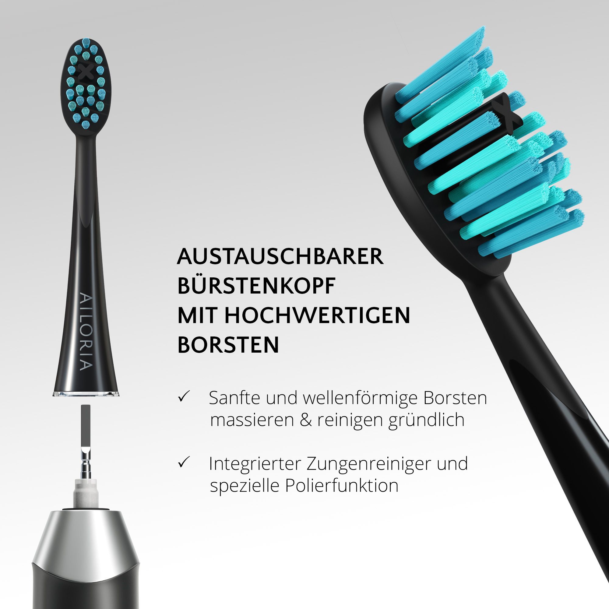 Gros plan sur la tête de brosse remplaçable de la brosse à dents AILORIA. Texte : Tête de brosse remplaçable avec soies de qualité.
