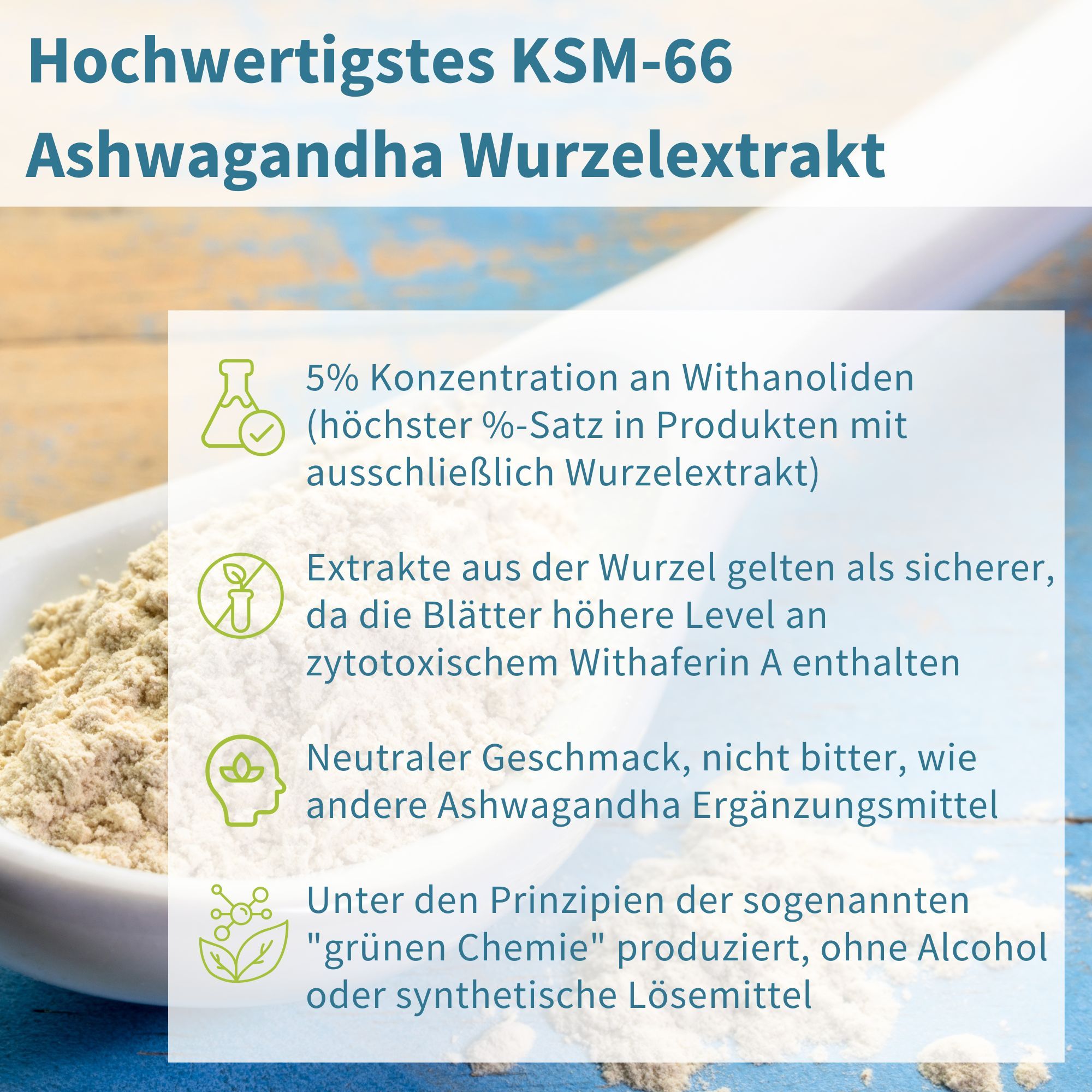 Gros plan de poudre de racine de KSM-66 Ashwagandha dans une coupelle.