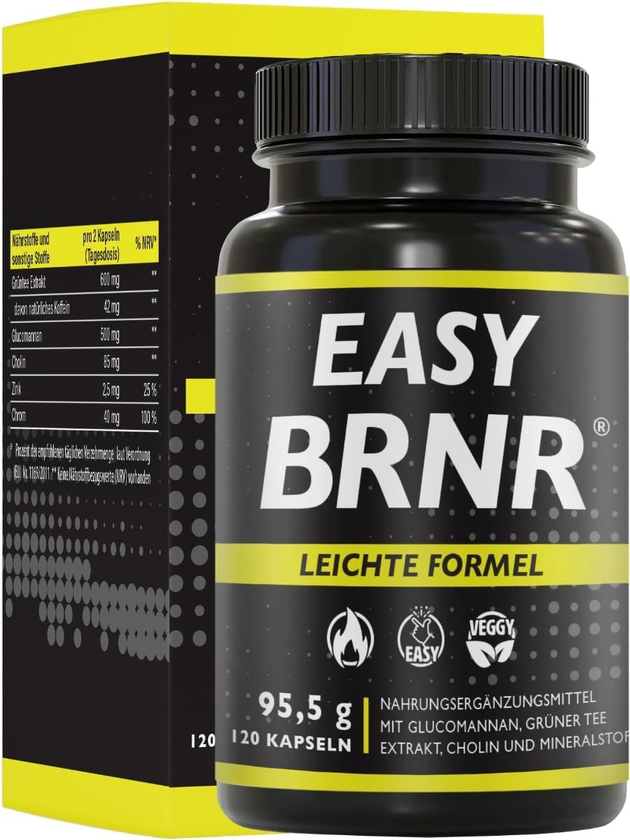 Zwarte fles met geel etiket. Opschrift: EASY BRNR, Lichte Formule. Bevat 120 capsules. Tekst: Voedingssupplement.