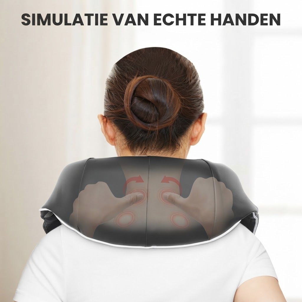 Zwart nekmassageapparaat met witte accenten, gedragen door een persoon van achteren gezien. Toont gesimuleerde handen die de nek masseren.