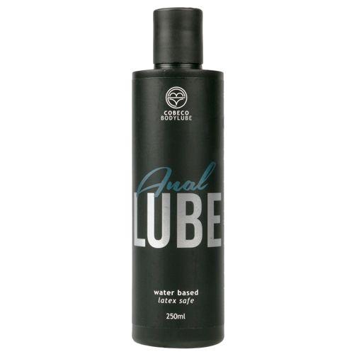 Donkere fles met zwarte dop. Opschrift "Anal LUBE". Tekst: "water based latex safe".