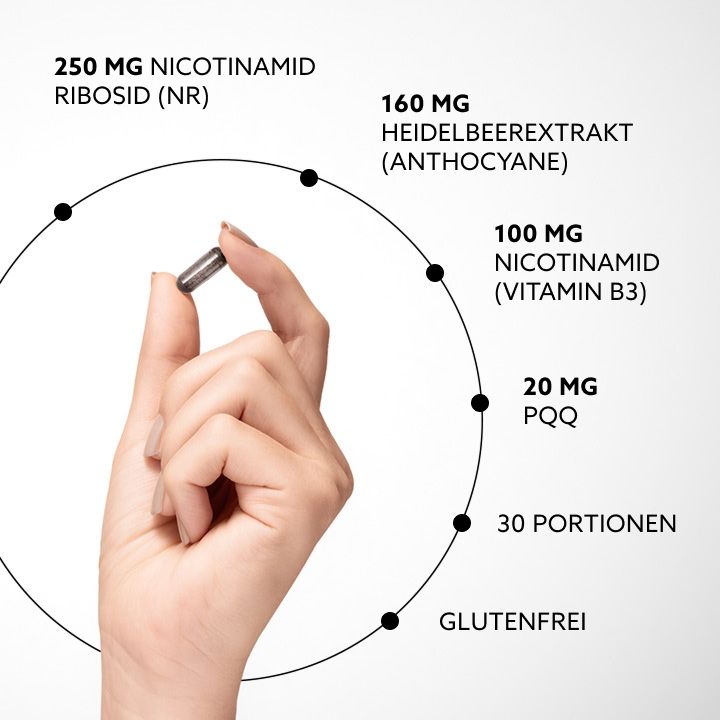 Main tenant une gélule. Texte : 250 MG Nicotinamide Riboside, 160 MG Extrait de myrtille, 100 MG Nicotinamide, 20 MG PQQ, 30 portions, Sans gluten.