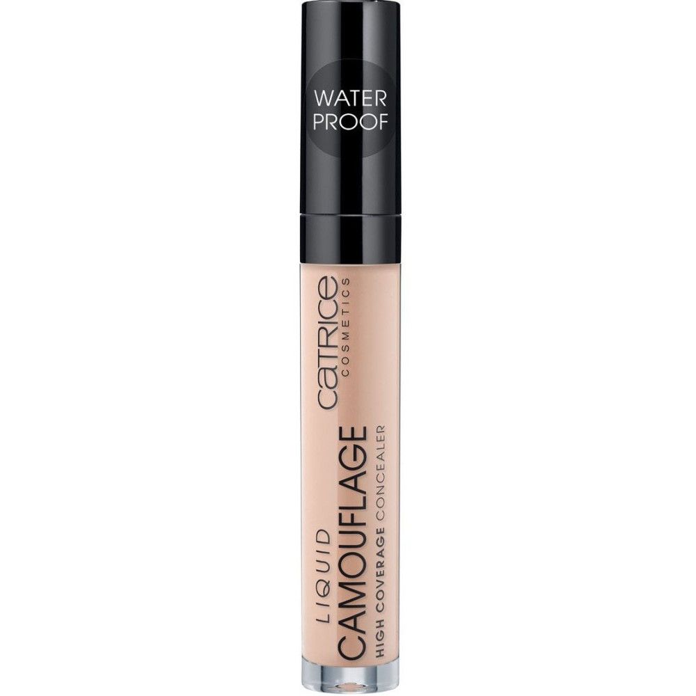 Correcteur liquide haute couvrance Catrice. Flacon avec bouchon noir. Texte: Liquid Camouflage, High Coverage Concealer, Waterproof.