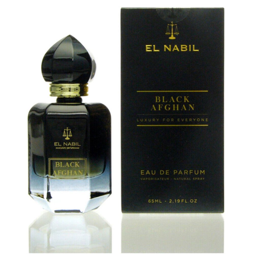 Zwarte flacon met gouden dop en doos. Opschrift: Black Afghan, Eau de Parfum, El Nabil.