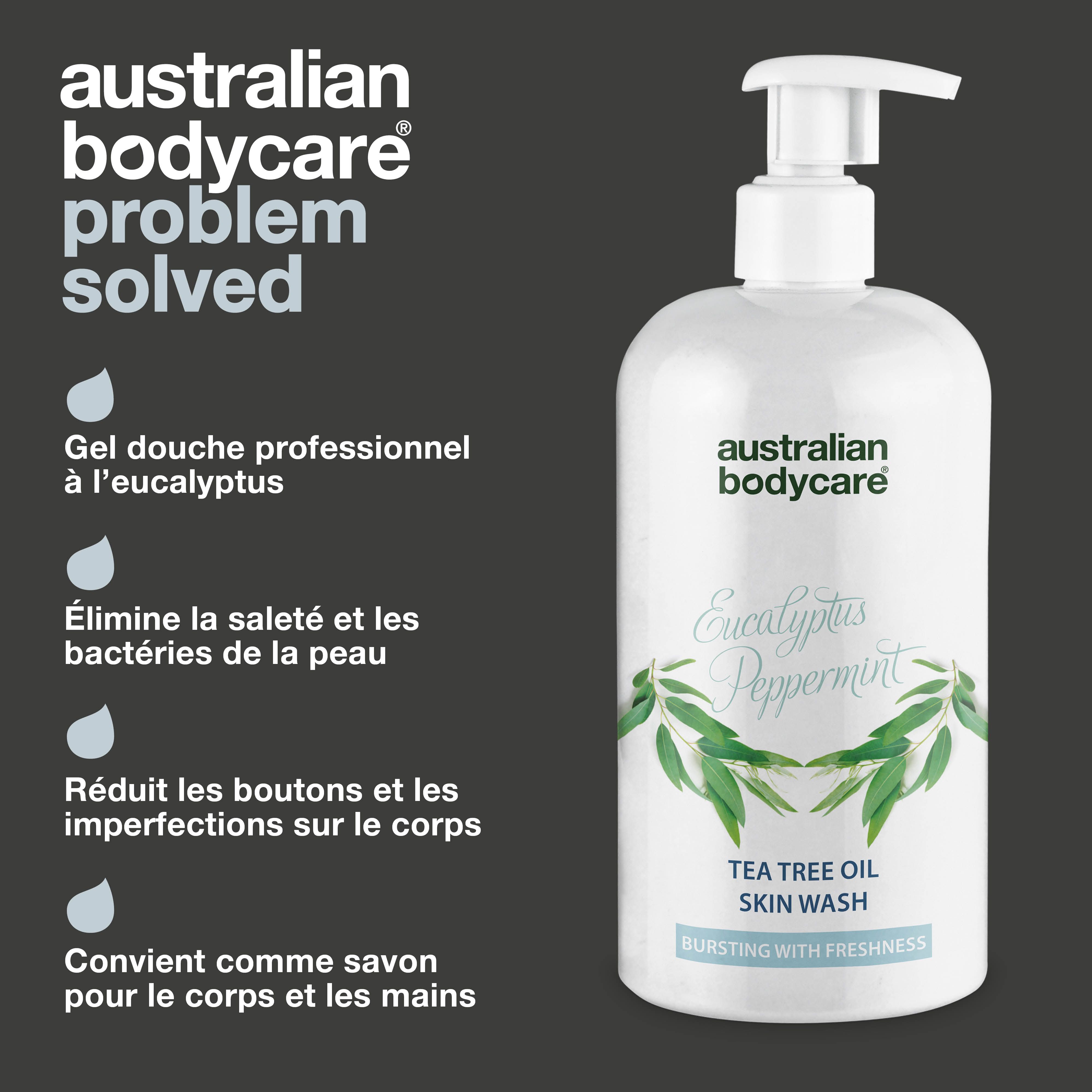 Flacon avec pompe. Texte : Australian Bodycare, Gel douche professionnel à l'eucalyptus. Élimine la saleté.