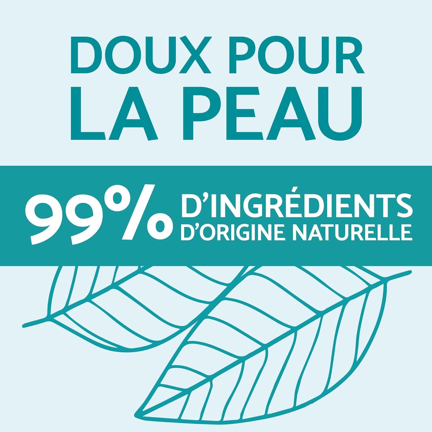 Doux pour la peau, 99% d'ingrédients d'origine naturelle, motif feuilles.