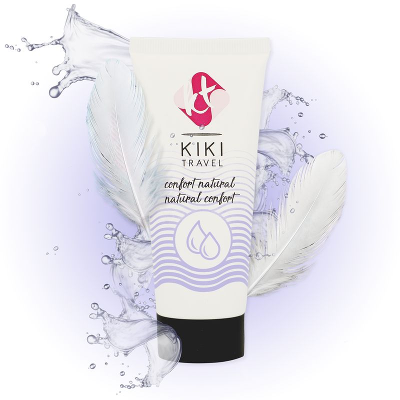 Tube de gel lubrifiant Kiki Travel avec plumes et éclaboussures d'eau.