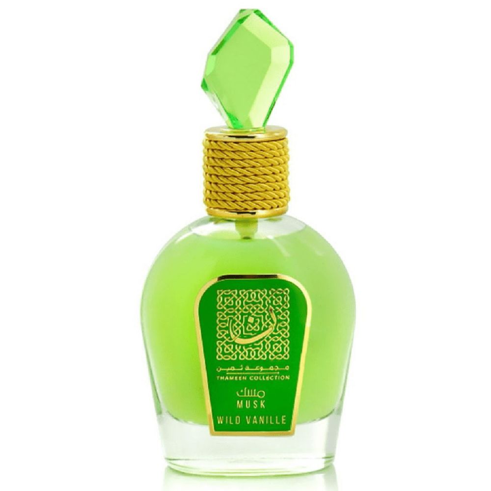 Groene parfumfles met gouden dop en groene kristallen punt. Groen etiket met Arabisch schrift en Engelse tekst.