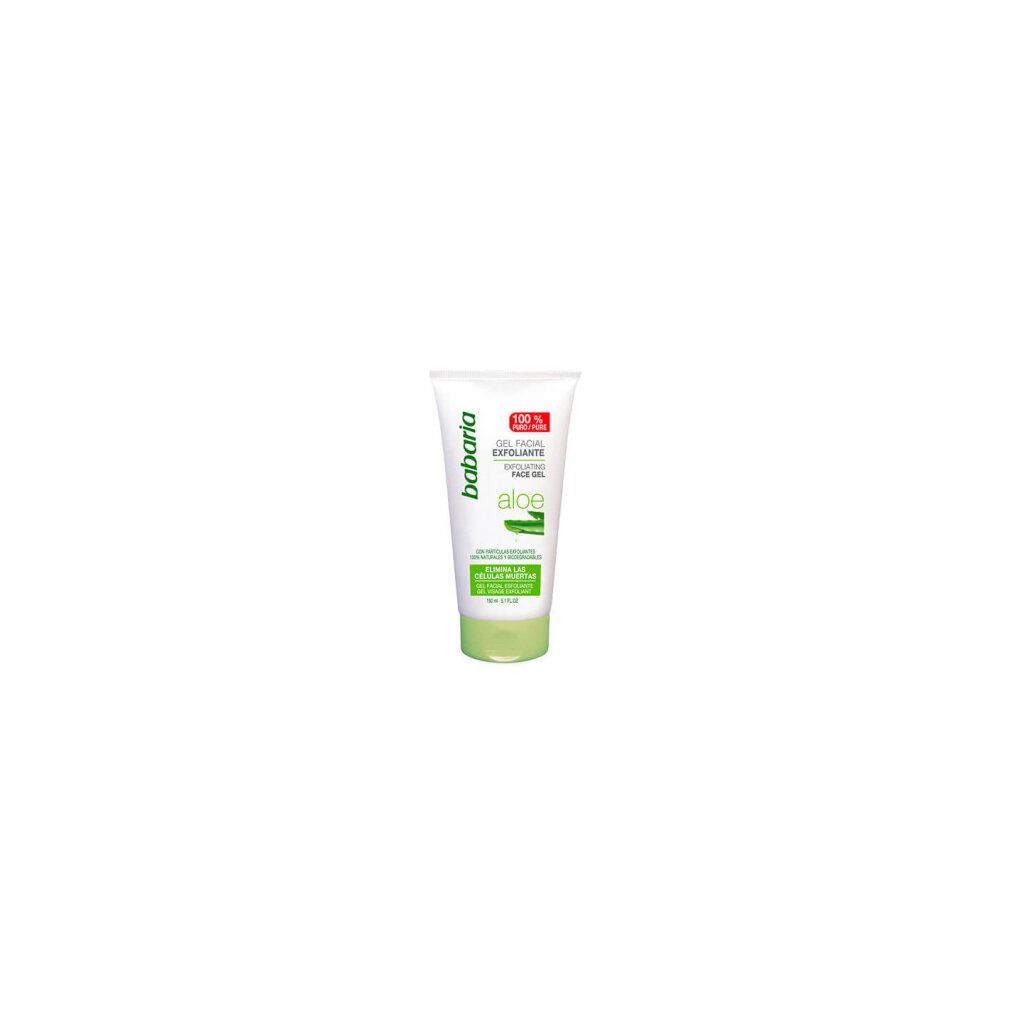Babaria Aloe Facial Exfoliating Gel tube. Witte tube met groene dop. Tekst: 'Aloe', 'Gel Facial Exfoliante', '100% puro'.