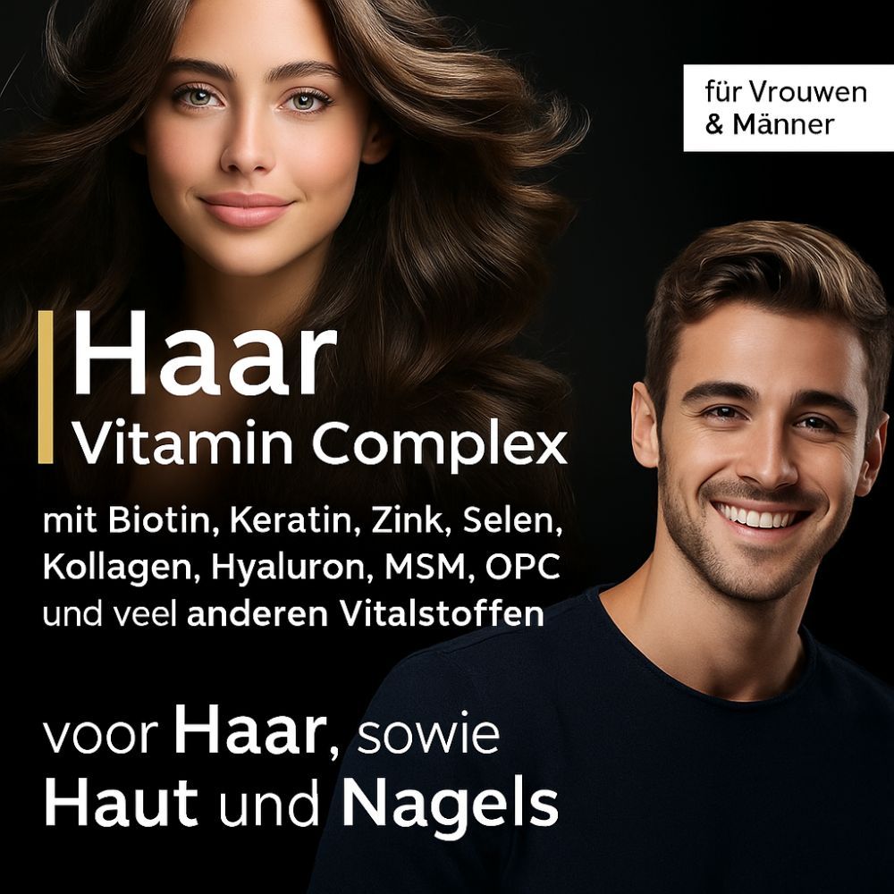 Reclamebeeld met vrouw en man. Tekst: Haar Vitamin Komplex. Voor haar, huid en nagels. Zwarte achtergrond.