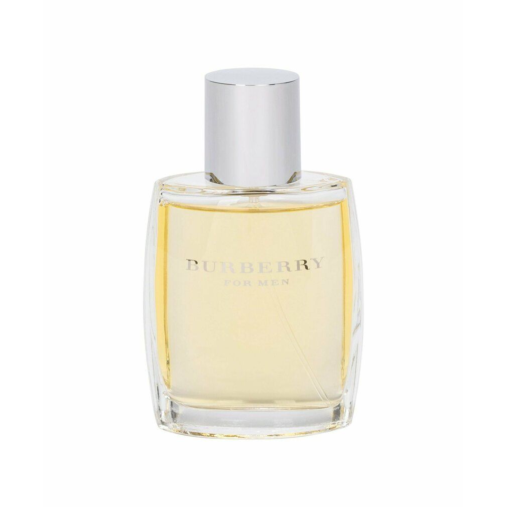 Burberry For Men Eau De Toilette Spray. Vierkante glazen fles met zilveren dop. Opschrift: Burberry For Men.