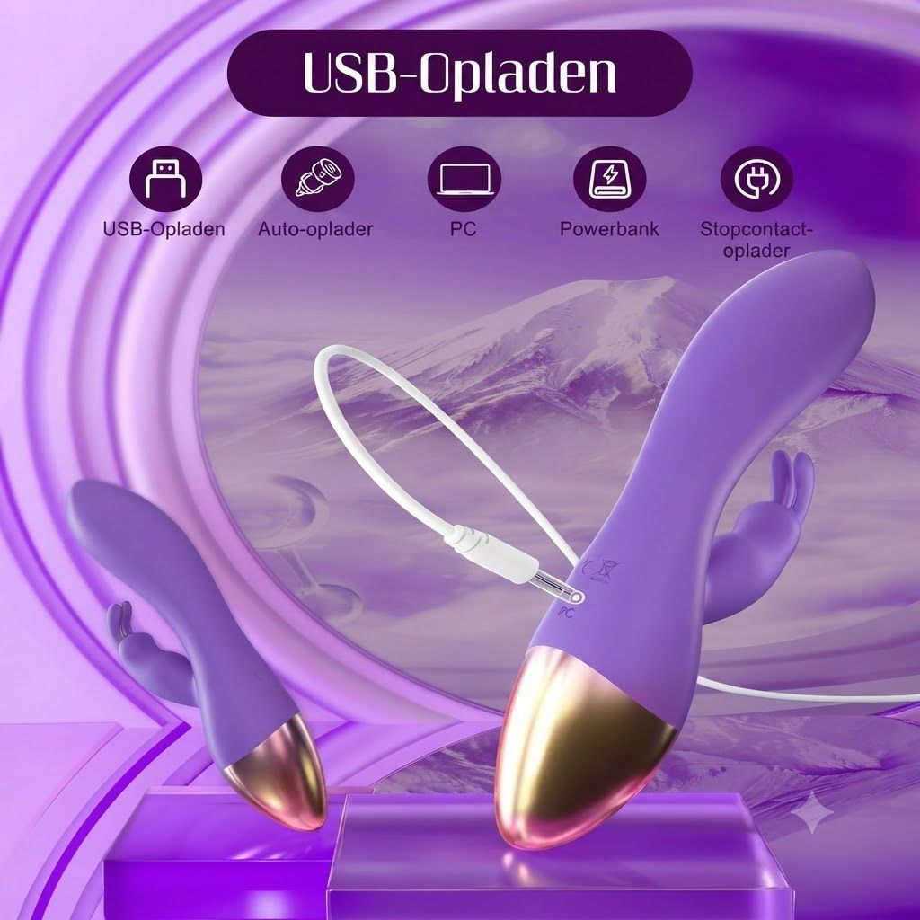 Paarse vibrator met USB-oplaadkabel en gouden punt. Toont oplaadopties.