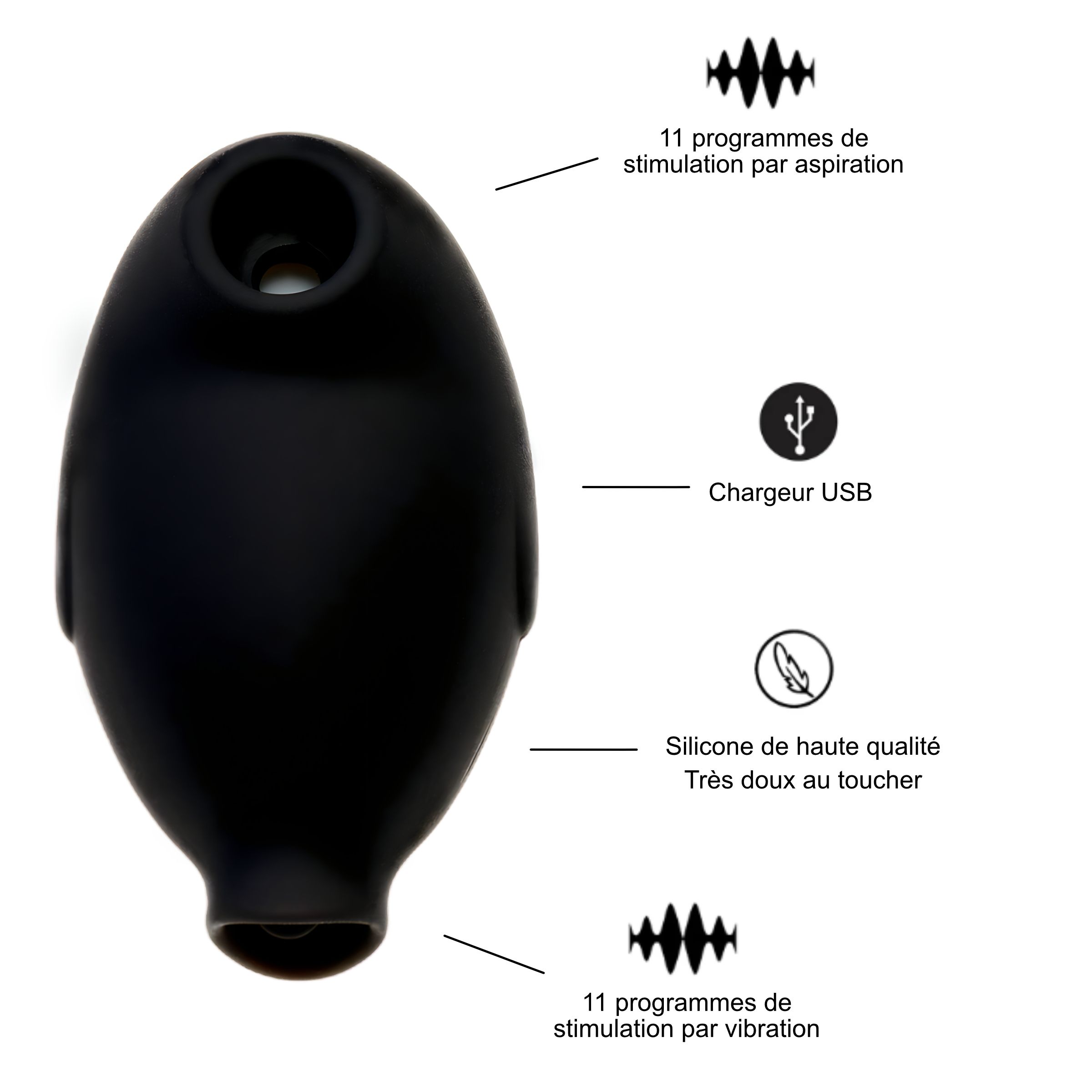 Appareil noir ovale avec ouvertures. Texte: 11 programmes d'aspiration, chargeur USB, silicone de haute qualité, 11 vibrations.