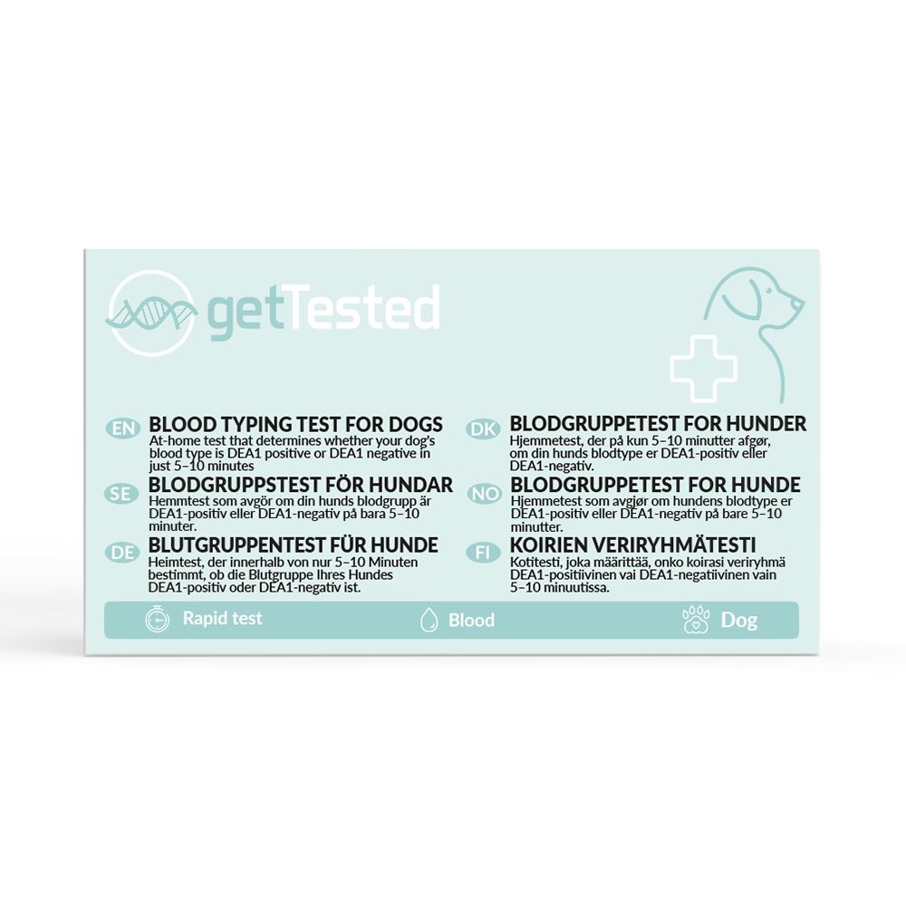 Bloedgroep test voor honden. Doos met productinfo en 'getTested' logo. Bevat test- en hond-symbool.