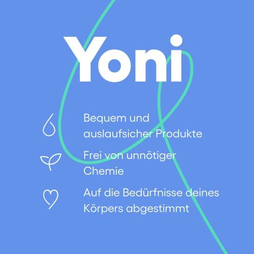 Fond bleu avec texte: "Yoni", "Produits confortables et étanches", etc.